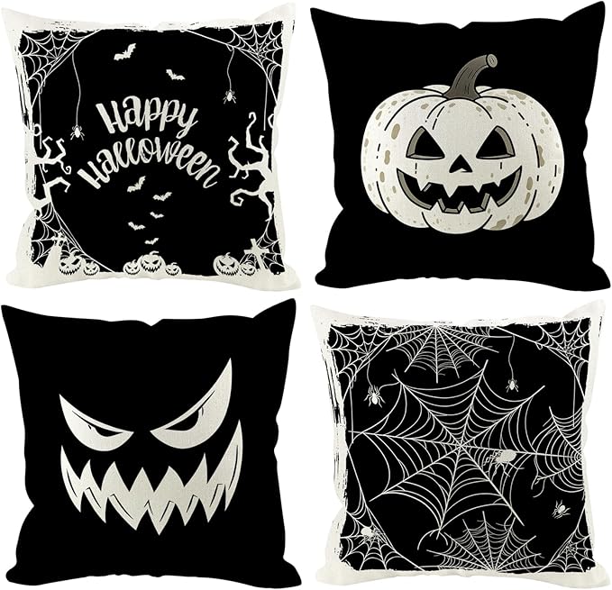 Halloween Pillow Covers 20x20 inch Set of 4, Linen Outdoor Pumpkin Spider Web Vintage Farmhouse Party Supplies Black and White Decorations for Sofa Couch