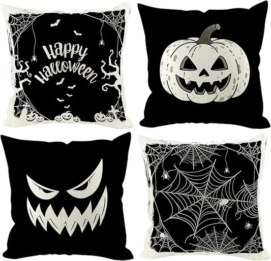 Halloween Pillow Covers 18x18 inch Set of 4, Linen Outdoor Pumpkin Spider Web Vintage Farmhouse Party Supplies Black and White Decorations for Sofa Couch