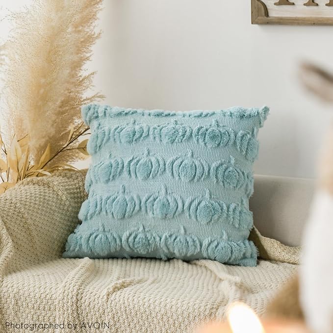 AVOIN colorlife Fall Pumpkin Blue Throw Pillow Covers, 18 x 18 Inch Seasonal Autumn Thanksgiving Harvest Decoration Soft Plush Faux Fur Jacquard Cushion Case Decoration for Sofa Couch Set of 2