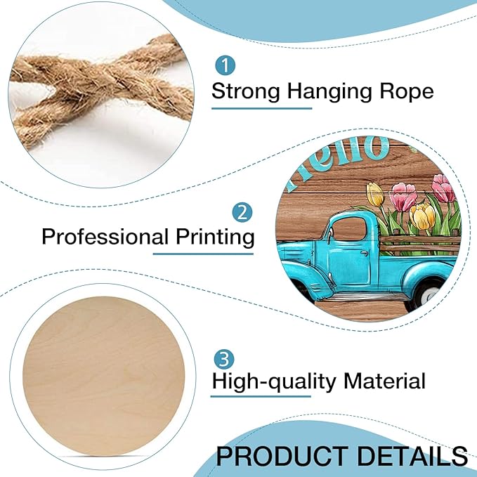 Deroro Hello Spring Blue Truck Sign for Front Door Decor, Tulip Flowers Pickup Wood Door Hanger for Outdoor Outside Porch, Rustic Farmhouse Wooden Wreath Indoor Wall Hanging Decoration