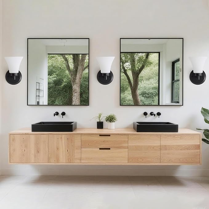 LOUSACE 2 Pack 1-Light Bathroom Vanity Lights Black Vintage Bathroom Lighting Fixtures with Opal White Glass, Set of 2 Single Vanity Wall Sconces for Side Mirror Cabinet Stairs Kitchen Living Room