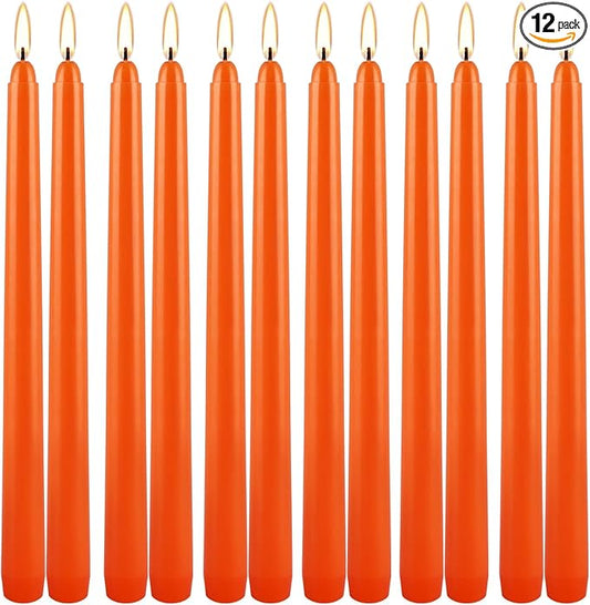 12-Pack Orange Taper Candles - 10 Inch Unscented Dripless Candlesticks, Long Burning for Halloween, Thanksgiving, Fall Decor & Dinner Parties
