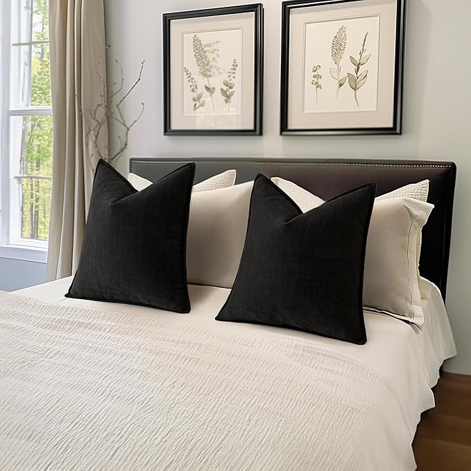 MIULEE Pack of 2 Black Decorative Pillow Covers 22x22 Inch Soft Chenille Luxurious Couch Throw Pillows Farmhouse Cushion Covers Euro Shams with Elegant Design for Sofa Bedroom Living Room Home Decor