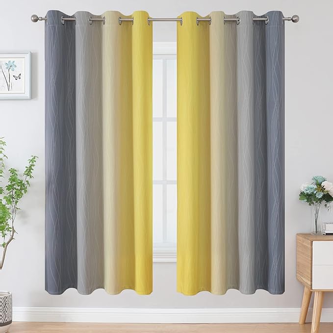 Estelar Textiler Ombre Grey and Yellow Blackout Curtains 72 Inch Length 2 Panels, Full Light Blocking Curtains for Living Room,Grommet Thermal Insulated Gradient Drapes for Bedroom, 52x72 Inch