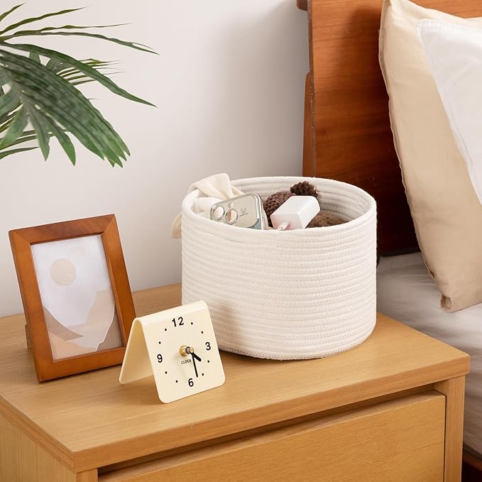 OIAHOMY Small Storage Baskets for Organizing,Closet Cube Shelf Storage, 9.8”×9.8”×7.1”, Woven Cotton Rope Gift Baskets for Nursery,Cute Dog Toy bins, Round 3 Packs, White