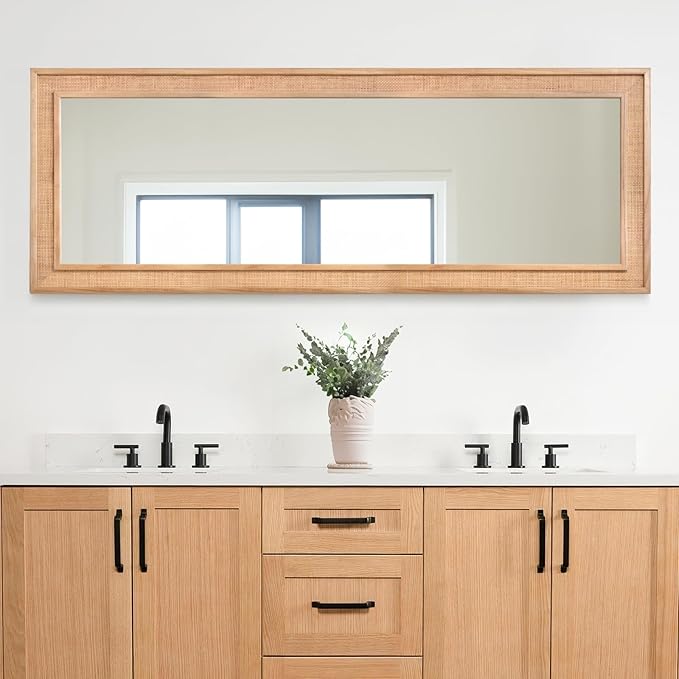 Rattan Full Length Mirror 27"x67" Long Mirror Wood Framed Large Hanging Wall Mounted Mirror Full Body Mirror Decorative Rectangle Floor Mirror Leaning Against Wall for Bedroom Living Room