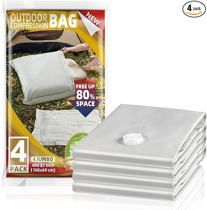 TAILI Fabric Vacuum Storage Bags 4 Pack, Vacuum Seal Bags (40W x 27L inch), Outdoor Space Saver for Camping, Bedding and Clothing, Waterproof, Wearproof, Punctureproof