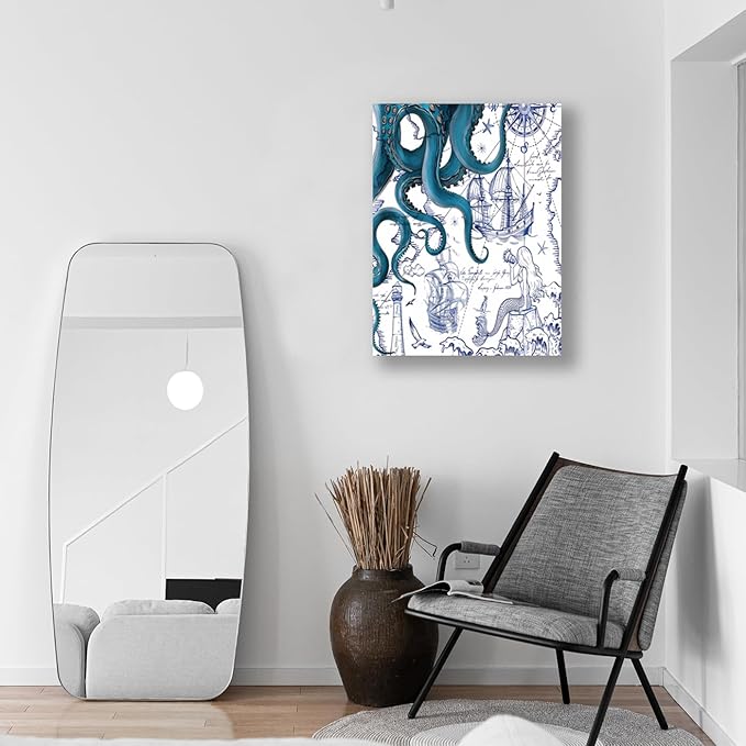 Nautical Ocean Wall Art, Coastal Canvas Print with Octopus and Ships, Blue Marine Life Artwork Decor for Bathroom, Coastal Bedroom, Living Room or Beach House 12 x 16 inches