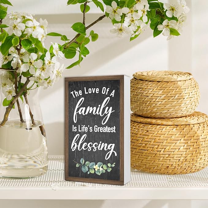 The Love of a Family is Life's Greatest Blessing Wooden Box Sign Desk Decor,Family Saying Wood Block Sign for Home Farmhouse Bedroom Shelf Tabletop Wall Decor