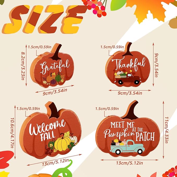 Jetec 4 Pcs Fall Decor for Home Thanksgiving Tiered Tray Decoration Fall Desk Decor Pumpkin Table Centerpiece Welcome Rustic Wood Block Sign for Office Autumn Table Mantel Decoration(Pumpkin Color)