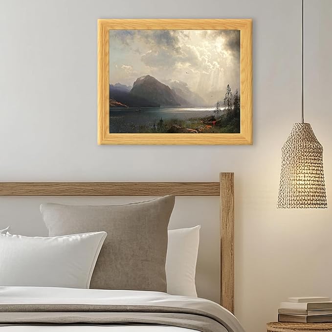 Brivoria Framed Canvas Wall Art Vintage Decor, Dramatic Mountain Scene with Dark Forest Canoes and Cloud Break Above Lake for Hallway Dining Room or Nature-Inspired Wall Decoration, 13"x16"