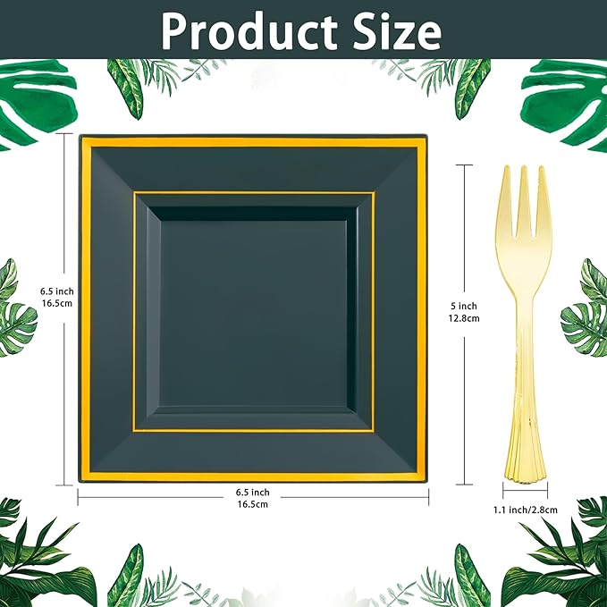 WDF 200PCS Green and Gold Plastic Dessert Plates with Plastic Forks -6’’ 100 Square Disposable Appetizer Plates Small Plates Cake Plates with Gold&100 Green Small Appetizer Forks for St. Patrick’s Day