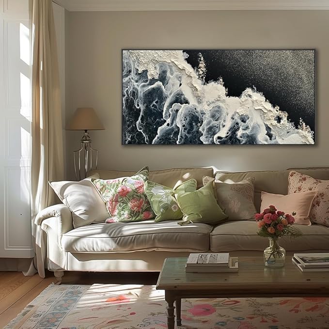 Wall Art Abstract Seascape Artwork Ocean Waves Art Sea Landscape Painting Blue,Black and White for Living Room Bedroom Dining Room Home Office Decor Large Framed Ready to Hang 30"x60"