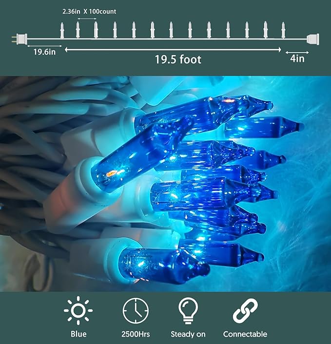Christmas Lights 100 Count Blue Christmas Tree String Lights with White Wire for Outdoor Indoor Christmas Decorations Wedding Decorations Valentines Day Decor,UL Certified (21feet)