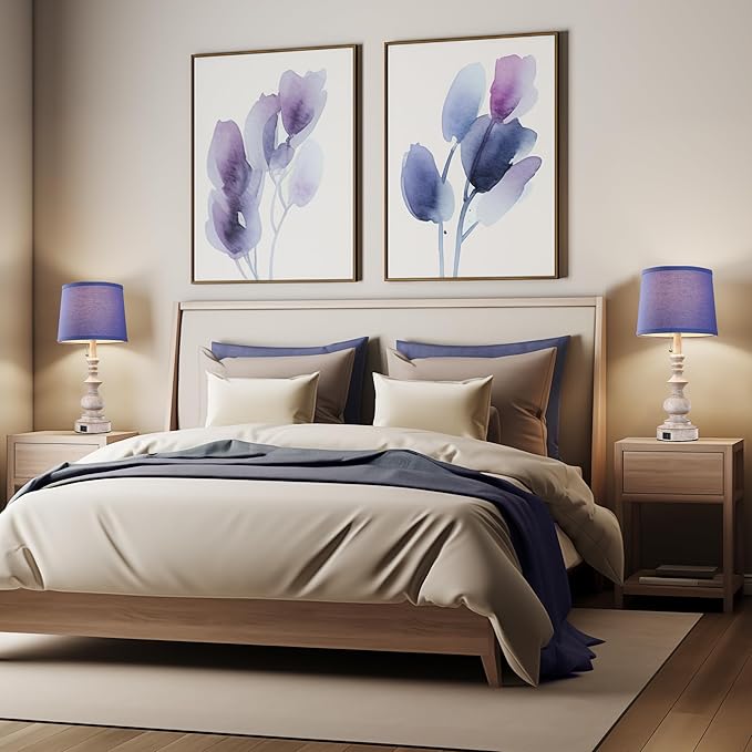 22'' Farmhouse Bedroom Table Lamps Set of 2 Bedside Nightstand Lamps with USB A/C Charging Ports Small Side Table Lamps for Living Room End Tables, Wooden Finish, Blue Shade, Bulb Not Included