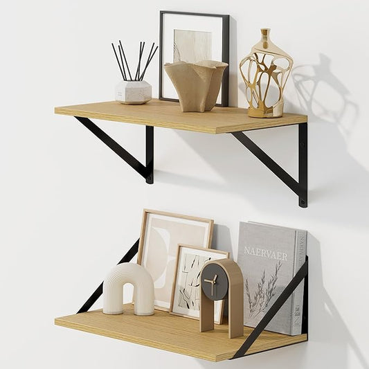 Fun Memories Deep Floating Shelves for Wall, 16W x 8D Wall Mounted Shelves Set of 2, Wide Display Ledge Shelf with Sturdy Metal Brackets for Living Room, Bathroom, Bedroom and Kitchen, Oak