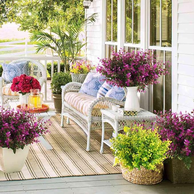 RECUTMS Artificial Flowers, Fake Outdoor UV Resistant Plants Faux Plastic Greenery Shrubs Indoor Outside Hanging Planter Home Kitchen Office Wedding, Garden Decor(Fuchsia Eucalyptus)