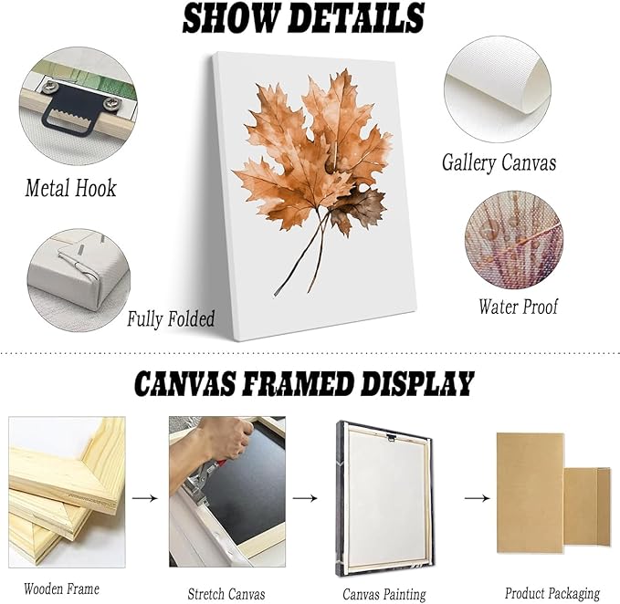 Framed Maple Leaves Canvas Print Posters Watercolor Autumn Leaf Wall Art Poster Fall Rustic Autumn Art Halloween Wall Art Fall Home Decor 24x36 framed