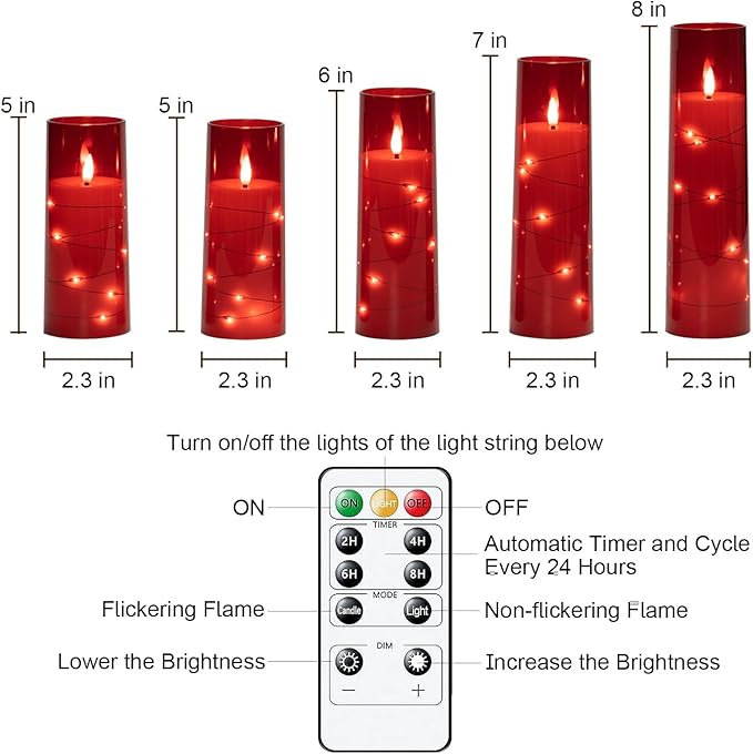 Raycare Flameless Candles with Embedded Star String, 5 Pcs Battery Operated Acrylic Pillar Candles with Timer and Remote, LED Candles for Romantic Ambiance and Home Decoration(Red)