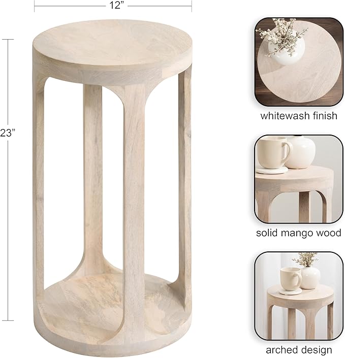 Kate and Laurel Dahl Wooden Round Drink Table; 12 x 23; Whitewash; Transitional Boho Circle Wood Accent Pedestal Table for Living Room Plant Stand or Small Bedroom Nightstand