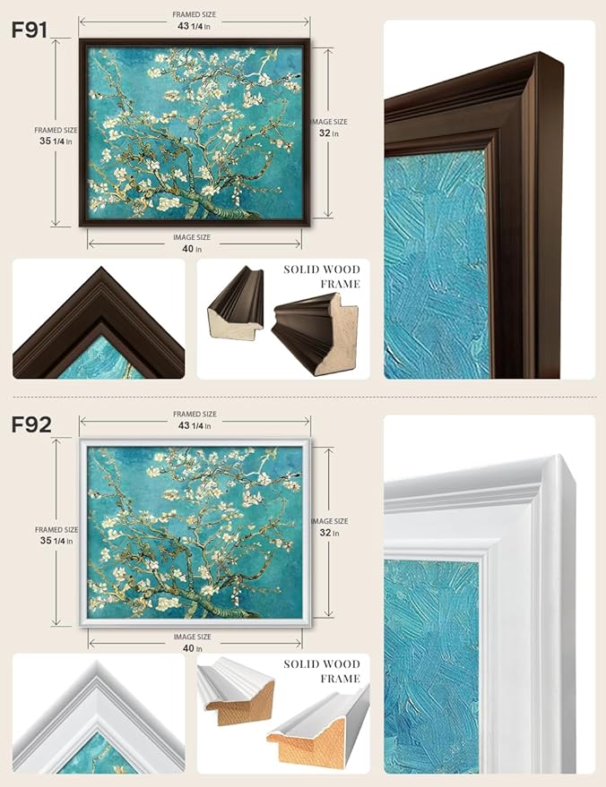 DECORARTS - Almond Blossom Tree by Vincent Van Gogh Art Reproduction. Oversize Solid Wooden Frame Matching with Giclee Prints Canvas Wall Art. Total framed size: 43x35