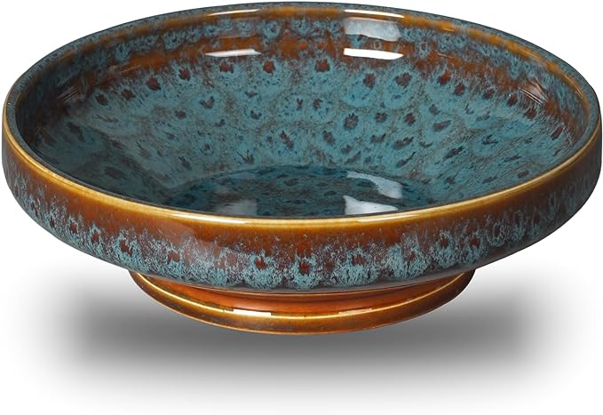 Ceramic Fruit Bowl for Kitchen Counter,Decorative Pedestal Bowl for Table Countertop,Large Footed Serving Bowl,10.2 Inch (peacock Green)