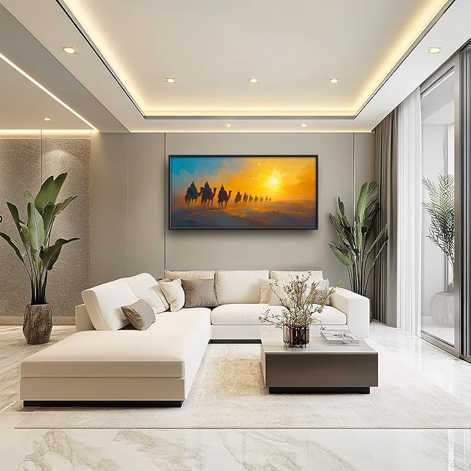 Flintis Large Desert Camel Framed Wall Art Sunset Camels Pictures Wall Decor Abstract Natural Landscape Canvas Painting Print Artworks Framed for Living Room Bathroom Master Bedroom 60L X 30W