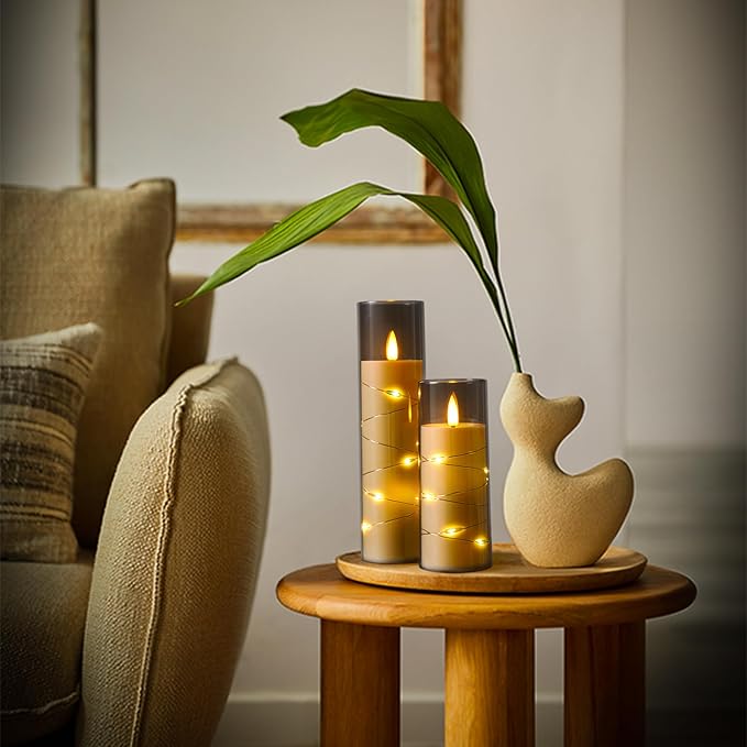 Flameless Candle Light, Battery Candle with recessed String Light, 5 flameless Candles with 11-Key Remote Control, 24-Hour Timer Function, Dancing Flame, (no Battery)