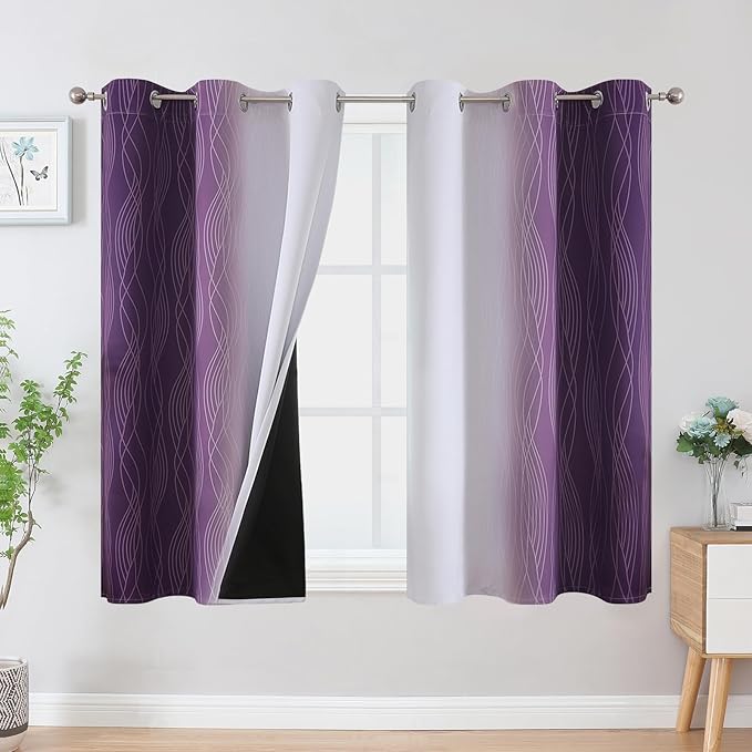 Estelar Textiler Purple and Greyish White Ombre Blackout Curtains 45 Inch Length 2 Panels, Full Room Darkening Gradient Drapes for Kitchen,Thermal Insulated Grommet Short Curtains for Bathroom,42Wx45L