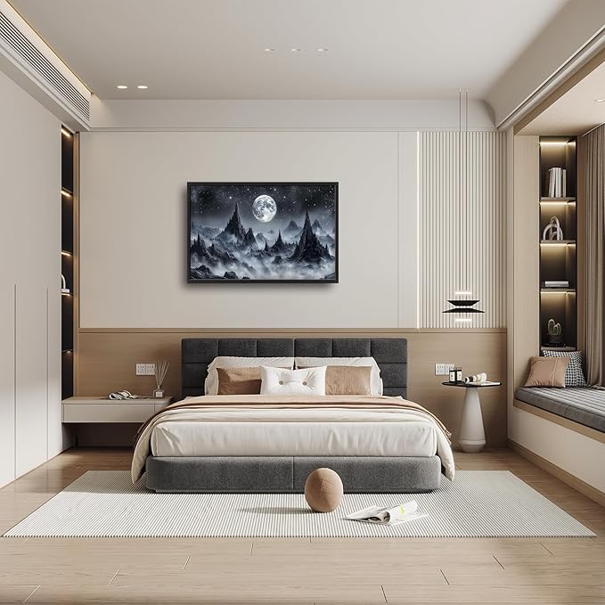 Olivine Mountain Large Wall Art, Moon Pictures Wall Decor, Nature Landscape Paintings, Night Mountains Canvas Prints, Framed Artwork for Dining Room Bedroom Living Room Office Bathroom Home 36"x24"