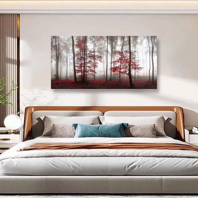 Misty Forest Pictures Canvas Wall Art for Living room Office Bedroom Wall Decor,Forest Wall Art Print Paintings Modern Nature Red Tree Artwork Waterproof Ready to Hang-28x57 inch