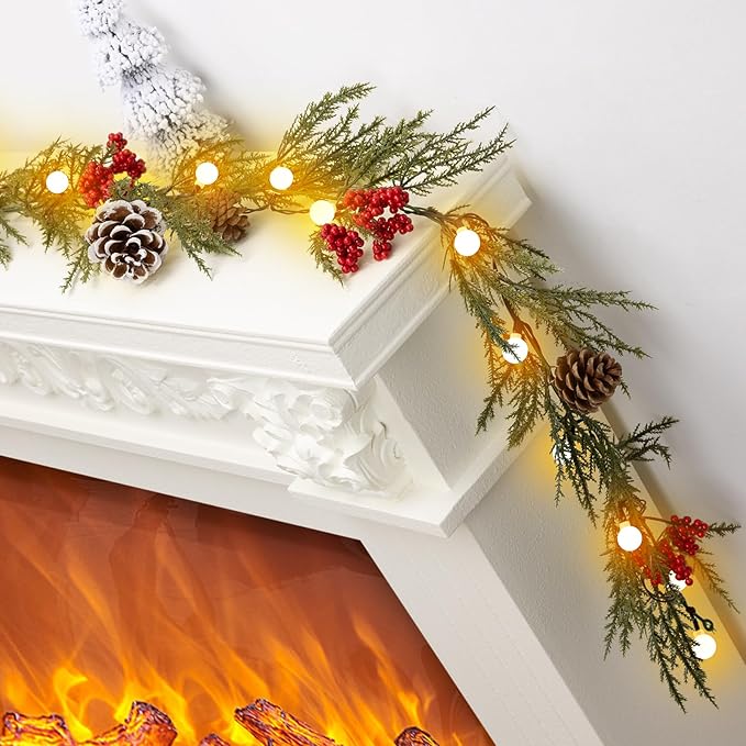 Christmas Garland with Lights, 6FT Artificial Red Berry Xmas Garland and Pine Cones, Battery Operated for Mantle, Front Door, Stairs Railing, Home Holiday, Indoor, Outdoor Decoration