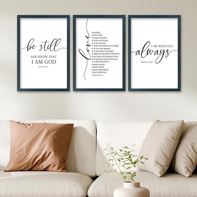 SRSZHIYUE Bible Verses Wall Decor Be Still Love Is Patient I Am With You Always 16"×11" Set of 3 Wooden Framed Scripture Living Room Wall Hanging Art (Black)