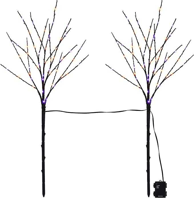 Lighted Halloween Tree Branches, 30IN 100LED Artificial Black Twig Branch with Purple&Orange Fairy Lights, Built-in Timer & Battery Operated, Waterproof for Outdoor Pathway Lawn Garden Decorations
