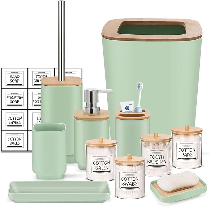 IMAVO Bathroom Accessories Set,Green Bathroom Set,11 Pieces Bathroom Accessory Set,Trash Can for Bathroom Accessories Décor and Housewarming Gifts