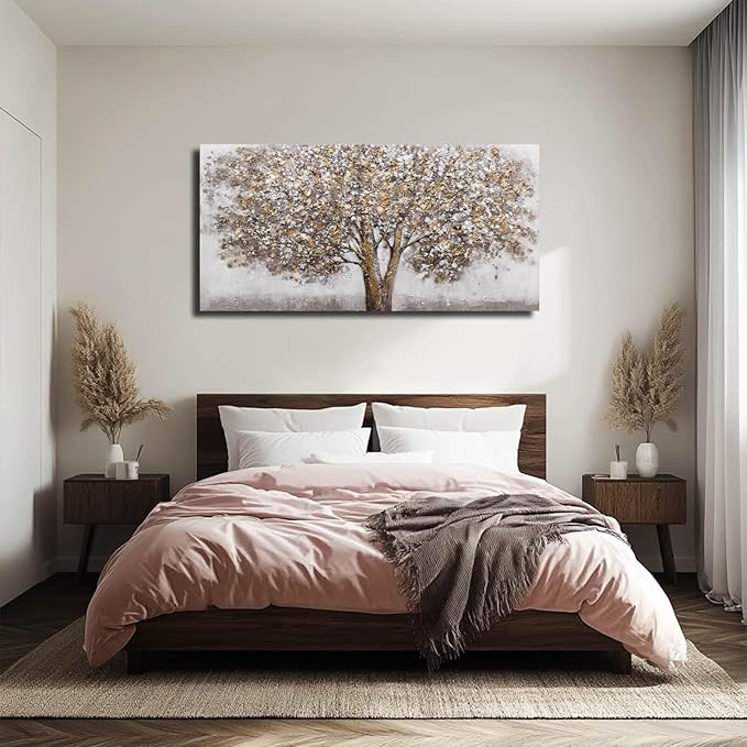 CHUDANHAO Grey Art Posters Big Tree Wall Decor Pictures for Office Gold and White Wall Art Botanical Painting for Living Room Kitchen 24x48 Inch
