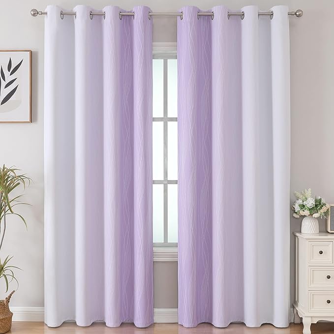 Estelar Textiler Lilac and Greyish White Blackout Curtains 96 Inches Long, Full Room Darkening Grommet Curtains for Bedroom, Thermal Insulated Ombre Blackout Drapes for Living Room, 52Wx96L, 2 Panels