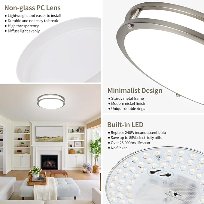 13Inch 36W Ceiling Light Fixture, 5CCT Flush Mount Ceiling Mount Light 2700K 3000K 4000K 5000K 6500K Adjustable, Dimmable Close to Ceiling Light, LED Ceiling Light for Bathroom Kitchen Bedroom, Nickel
