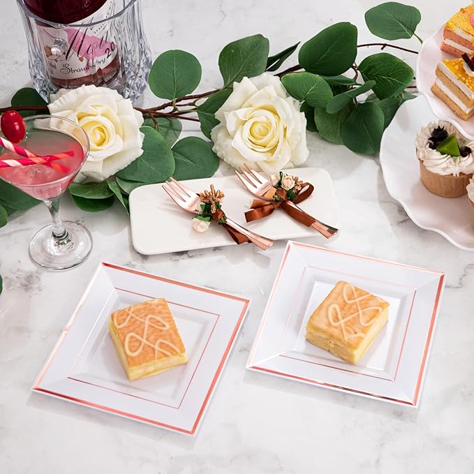 WDF 86pcs Rose Gold Dessert Plates 6" with 86 Pieces Disposable Forks 5", Elegant Square Appetizer Small Plastic Plates for Mother's Day, Wedding