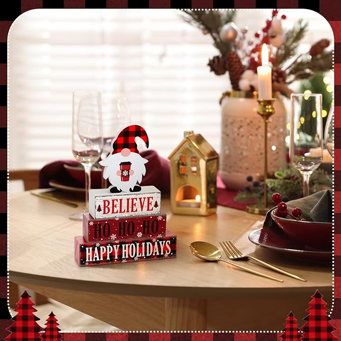 Geelin 4 Pcs Christmas Wooden Table Decorations Xmas Red and White Buffalo Plaid Signs Rustic Happy Holiday Tiered Tray Decor Xmas Gnome Tabletop Centerpieces for Home Desk Room Kitchen Shelf