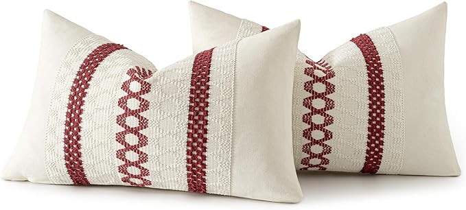 MIULEE Set of 2 Christmas Burgundy Boho Decorative Lumbar Pillow Covers 12x20 Inch Farmhouse Rustic Couch Throw Pillows Modern Cotton Cushion Covers Retro Macrame Woven Home Decor for Bed Sofa Chair