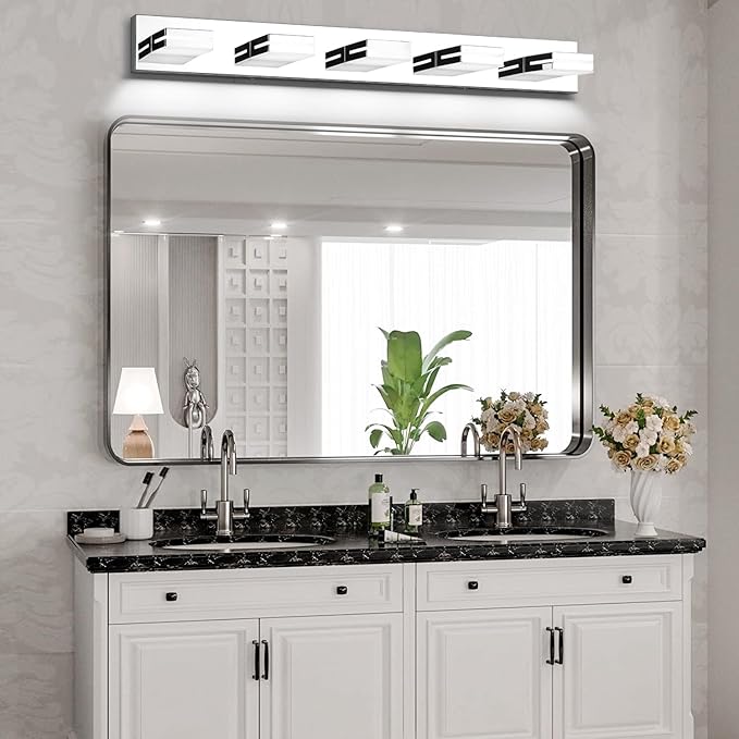 SineRise LED Modern Bathroom Vanity Light Fixtures (5-Light, 40-Inch, Dimmable), Chrome Modern Acrylic Bathroom Wall Lighting Fixtures Over Mirror (Cool White 6000K)