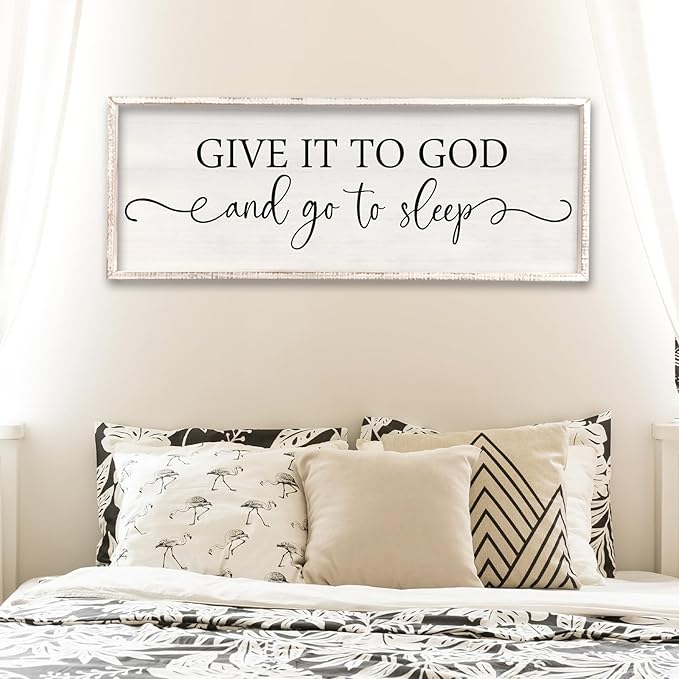 Surfapans Give It To God And Go To Sleep Sign Wall Decor 40"x15" ofr Master Bedroom Guest Room Wood Rustic Framed Wall Art Sign (White)