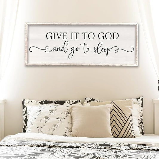 Surfapans Give It To God And Go To Sleep Sign Wall Decor 40"x15" ofr Master Bedroom Guest Room Wood Rustic Framed Wall Art Sign (White)