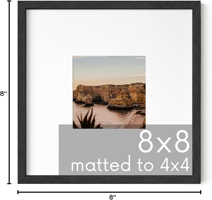 HAUS AND HUES Picture Frame, Solid Oak 8x8 with Mat, Black, 8 x 8 inches, Square, Poster Frame, Modern Design, 1 Count