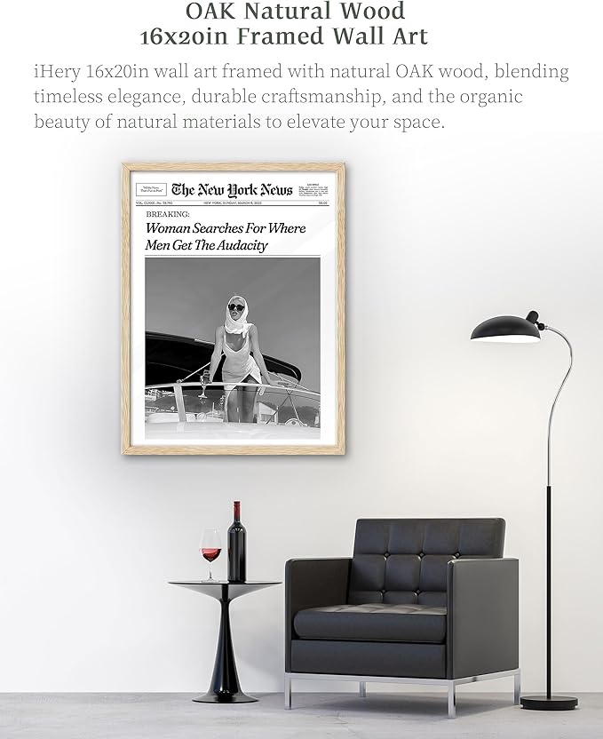 iHery Woman Searches For Where Men Get The Audacity Poster Newspaper Framed Wall Art, Natural OAK Wood Trendy Large 16x20 in Canvas Wall Art Décor For Bedroom Living Room Bathroom Set of 1