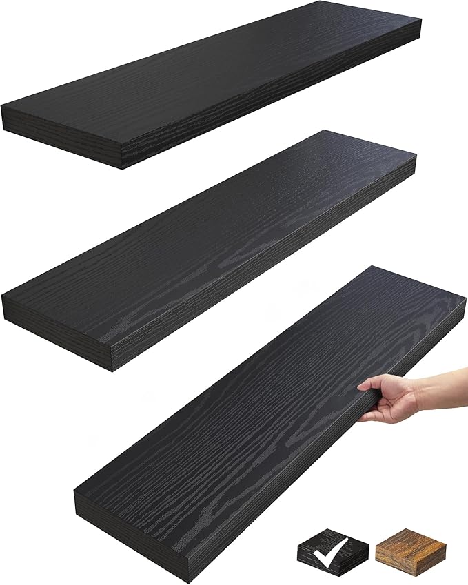 BAYKA Floating Shelves 22.5 inches, Wall Mounted Shelves Rustic Wood for Bathroom, Bedroom, Living Room, Floating Shelves for Books/Storage/Decor with 22lbs Capacity(Satin Black,Set of 3)
