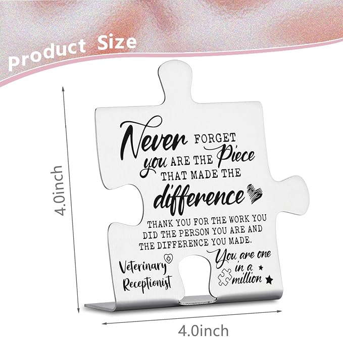Veterinary Receptionist Appreciation Gifts, Thank You Gifts for Vet Reception Week Birthday Christmas Team Office Ornament Decor Stainless Steel Puzzle Piece Decorative Signs Plaques YCC14