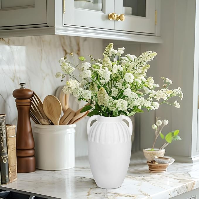 Ceramic Rustic Farmhouse Vase, 9 inch Pottery White Flower Vase with 2 Handles for Centerpieces Pampas Grass Boho Modern Rustic Farmhouse Decor for Living Room Kitchen Countertop Dinner Table Shelves