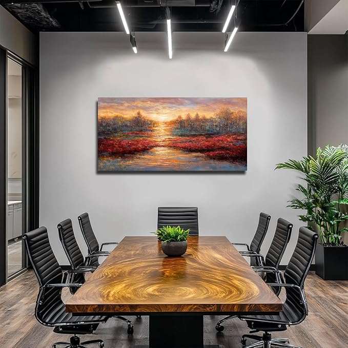 GAIDUOMAI Sunset Glow Pictures Gold and Red Canvas Painting Textured Wall Art for Office 24"x48" Nature Wall Prints for Hotel Master Bedroom Wall Decor